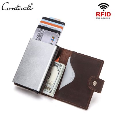 CONTACTS ยี่ห้อ RFID ปิดกั้นหนังม้าบ้าผู้ชายกระเป๋าสตางค์ผู้ถือบัตรเครดิตกล่องอลูมิเนียมกรณีบัตรสำหรับผู้ชาย