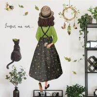 Decorative Art Wall Stickers Fresh Character Girl Back View Cat Wallpaper Decoration Stickers