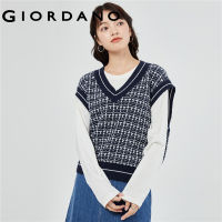 GIORDANO Women Sweaters Contrast Color V-Neck Sleeveless Sweaters Warm Smooth Comfort Fashion Casual Plaid Knit Vests 05353701