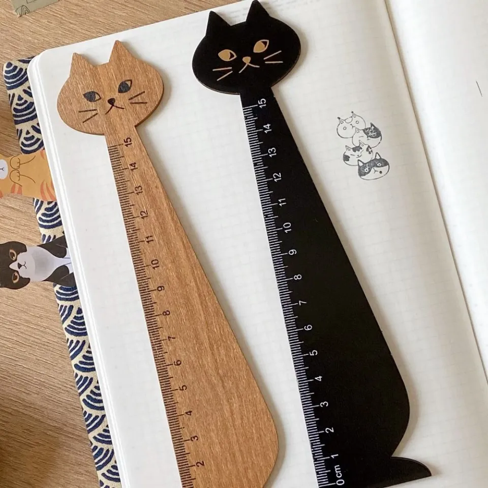 1Pcs Office Ruler Tool Student Stationery Drafting Supplies Cartoon Ruler  Wooden Ruler Straight Ruler Animal Cat Shape Rulers BLACK 