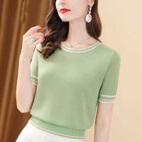 COD dhdfxcz Summer New Short-sleeved Ice Silk Blouse Womens All-match Round Neck Bright Silk Knitted Sweater Western Style Color Matching Thin Top