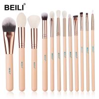 BEILI สีชมพู12Pcs Rose Golden ขนแพะธรรมชาติ Premium Foundation Eye Shadow Blush Powder Highlighter คอนซีลเลอร์ชุดแปรงแต่งหน้า