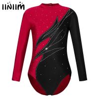 Kids Girls Rhinestone Long Sleeve Ballet Dance Bodysuit Contrast Color Gymnastics Leotards Acrobatics Figure Skating Jumpsuit