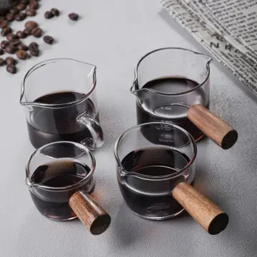 Double Spouts Measuring Short Cup Coffee Espresso Pitcher Milk Cup  Heat-resisting Glass Scale Measure Jug Mugs Wooden Handle