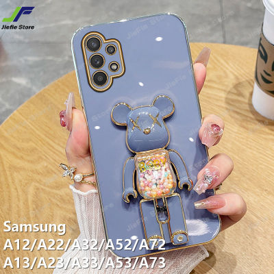 JieFie ของเล่นน่ารักหมีกรณีโทรศัพท์สำหรับ Samsung Galaxy A12 / A13 / A22 / A32 / A42 / A52 / A72 / A23 / A33 / A53 / A73 สแควร์โครเมี่ยมชุบ Soft TPU + ขาตั้ง