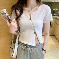 Womens summer solid color zipper T-shirt with cotton short sleeves