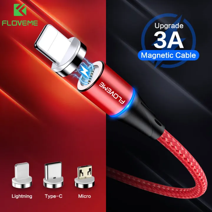 FLOVEME New 3 in 1 Micro USB Type C Lightning USB Magnetic Cable 3A Fast Charging Magnet Charger Cable For iPhone Samsung Xiaomi Huawei OPPO VIVO Nokia 1M Charge Cord