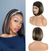 Synthetic Headband Wig 12 Inch Short Bob Wig With Scarf Straight Style Natural Color Head Band Wigs For Women African Americans