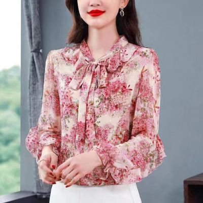 เสื้อชีฟองลายดอกไม้2022ของผู้หญิงเสื้อเชิ้ตเกาหลีใหม่ที่คลุมพุงเสื้อทรงหลวมแฟชั่นโชว์ที่เพรียวบาง