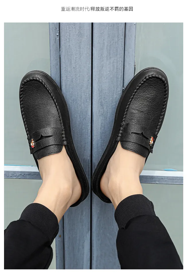 Men's Genuine Leather Open Back Loafers Mens Lightweight Mules Male  Backless Dress Shoes Navy blue/Black/White/Brown Size 38-44