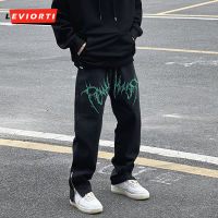 High Street Wash Embroidery Hip Hop Black Jeans Trousers Mens Loose Straight Tube Hip Hop Side Zipper Floor Pants Men And Women