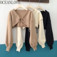 OCEANLOVE เสื้อกันหนาวผู้หญิงเข้ารูปผูกเชือกคอวีสีพื้นคาร์ดิแกนสั้นสำหรับฤดูใบไม้ร่วงเสื้อเหมือนกันหมดปีกค้างคาวเข้ารูปติดโบว์วินเทจ