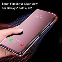 Smart Mirror Clear Window View Flip Case For Samsung Galaxy Z Fold 4 3 Plating Bracket Magnetic Leather PC Phone Cover Z Fold 5