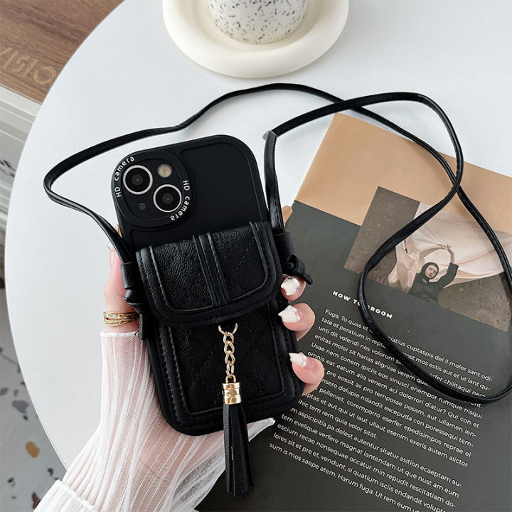 กระเป๋าสตางค์พู่กันสำหรับ-iphone14promax-luxury-card-case-case-สำหรับ-iphone13-black-leather-case-สำหรับ-iphone12promax-premium-sense-card-case-สำหรับ-iphone11