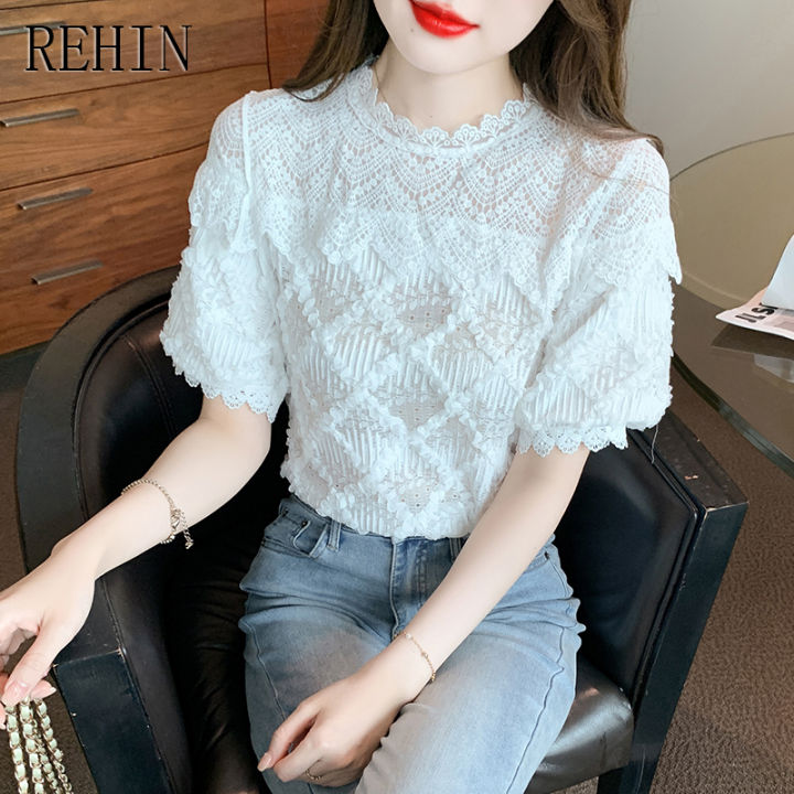 rehin-เสื้อเบลาส์แขนสั้นสำหรับผู้หญิง-เสื้อลำลองแขนพองคอกลมหลวมสไตล์เกาหลีแบบใหม่ฤดูร้อน