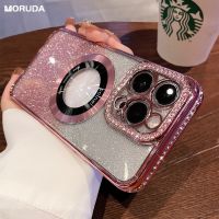 Bling Gradient Glitter Magnetic Magsafe Case For iPhone 11 12 13 14 15 Pro Max Camera Diamond Logo Hole Cover For iPhone 15 Plus