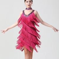 【YF】 Sexy Women Double V Neck Sleeveless Fringe Dress Sequined Beaded Bodycon Mini Salsa Rumba Samba Jazz Latin Dance