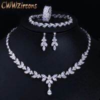 CWWZircons 4Pcs Brilliant Cubic Zircon Necklace Earrings Ring and celet Wedding Bridal Jewelry Sets Dress Accessories T344