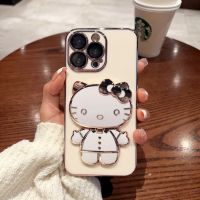 JieFie Hello Kitty เคสโทรศัพท์สำหรับ Infinix Smart 5 /Smart 6 HD/smart 6 Pro/ Smart 5 Pro/ Smart 4 / 4C / Hot 30i เคสกระจกแต่งหน้าตุ๊กตาน่ารักเคลือบโครเมี่ยมสุดหรูฝาครอบพร้อมตัวยึดหลัง TPU นิ่ม