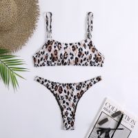 【cw】 Cheap Leopard Set Swimsuit Piece Swimwear Halter Bikinis Beach Bathing ！