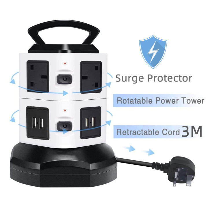 10 in 1 Tower Power Strip 3M Multi Plug Adapter Surge Protector 2500W