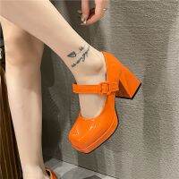 Lady Mary Jane รองเท้า 2023 ใหม่แพลตฟอร์มสแควร์ Toe ผู้หญิงปั๊ม 7cm Chunky Heels สีส้มลื่นผู้หญิงรองเท้าส้นสูงขนาดใหญ่ 35-45