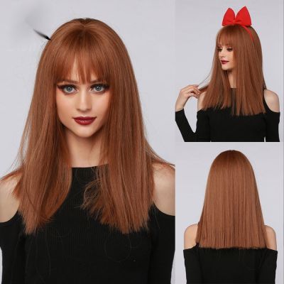 [High Quality] 2022 New Fashion Wig Female Red Brown Long Straight Hair Wig Female Straight Bangs Cosplay Party Wig Rose Inner Net