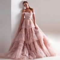 【HOT】✉✒ Sevintage Dusty Pink Prom Dresses Crumpled Tulle Evening Shoulder Tiered