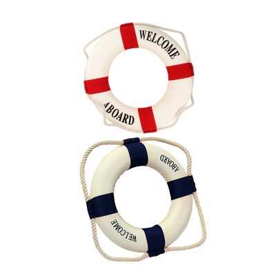 2Pcs Welcome Aboard Foam Nautical Life Lifebuoy Ring Boat Wall Hanging Home Decoration 50cm Blue &amp; Red