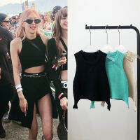 New Spot Real Shot High -Quality Rose Park CaiyingS Same Music Festival Black Round Neck Knit Vest Hot Girl Exposed