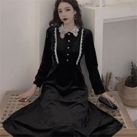 2021Elegant Velvet Black Long Fairy Dress French Lace Women Long Sleeve Korean Dress Winter One-piece Lady Wedding Party Goth Dress