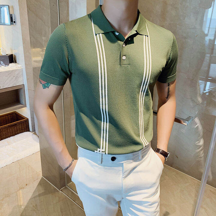 สังคมถักบางโปโลสไตล์อังกฤษลายเสื้อโปโลผู้ชายฤดูร้อนแขนสั้นผู้ชายโปโลสลิมฟิตสบายๆโปโล-homme-3xl