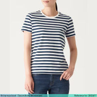 USED Muji - Navy Blue Striped Crew Neck T-Shirt | เสื้อยืดสีกรมท่า สีขาว ลายทาง แขนสั้น คอกลม y2k ทรงใหญ่ แท้ มือสอง