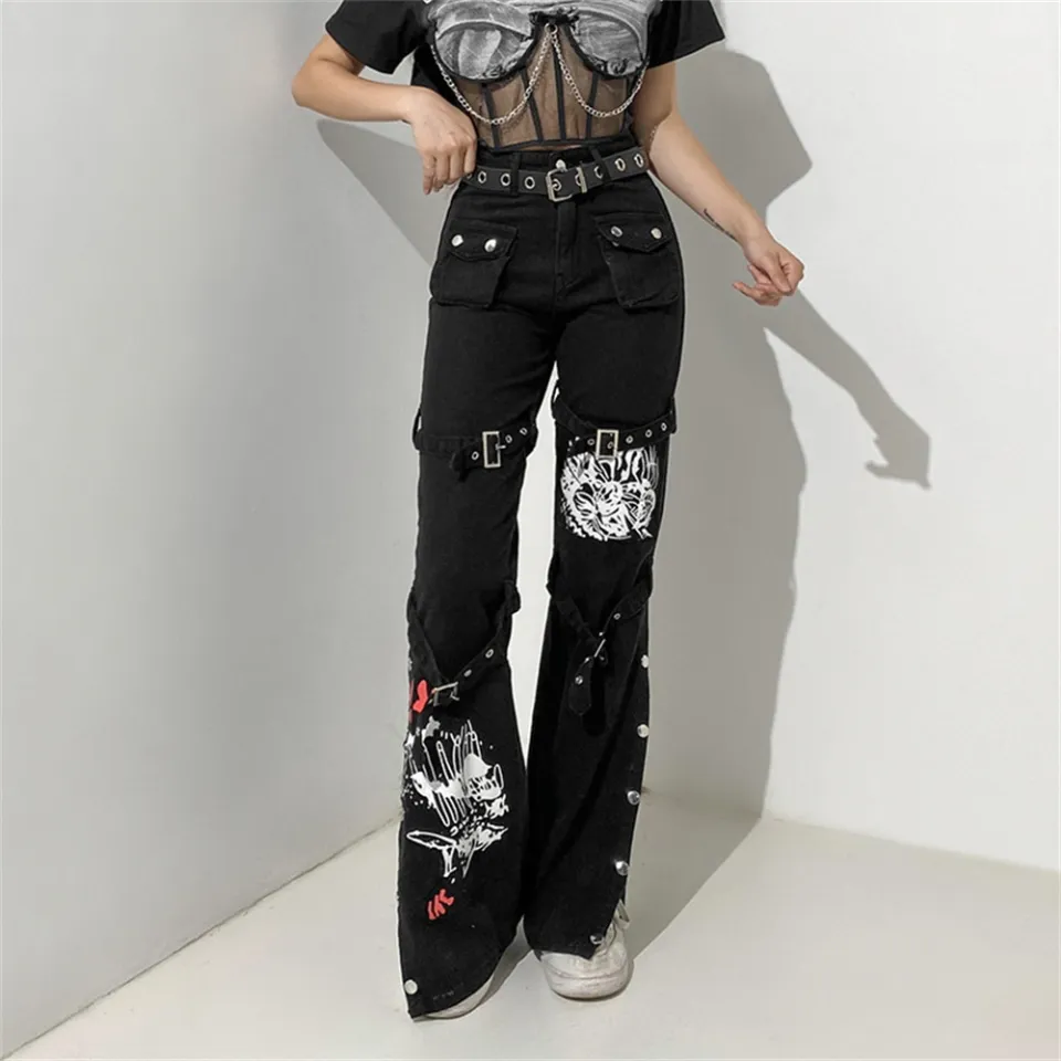 Gothic Emo Alt Cargo Pants Techwear Hippie Baggy Jeans Mom Goth Punk Black Denim  Trousers Cyber Y2k Pants Academic Dark Clothes