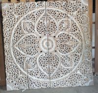 White wash round mandala wood carving 120 x 120 cm wall art decor wooden carve wooden square panel wall art hanging Asian art traditional Thai ไม้แกะสลักไม้ฉลุ 4 ฟุต 120 x 120 Cm