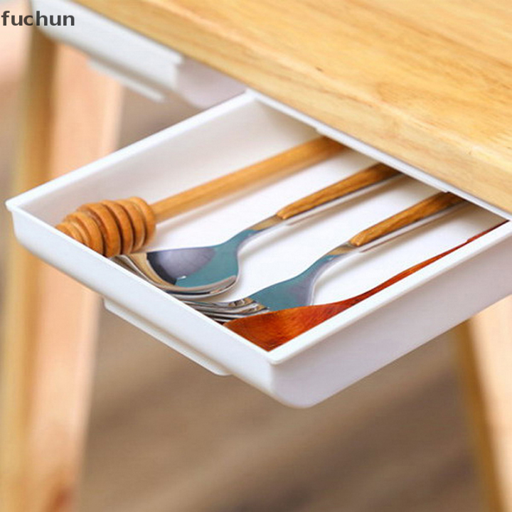 fuchun-กล่องลิ้นชักเก็บของมีกาวในตัวลิ้นชักใต้โต๊ะที่ยึดโต๊ะเก็บของ
