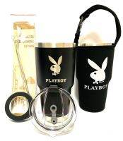 GF แก้วเยติ เก็บอุณหภูมิ ร้อน เย็น ลาย PLAYBOY เพลย์บอย สีดำขอบแสตนเลส ฟรี !! ถุงใส่แก้ว + หลอดแสตนเลสพร้อมแปรงล้าง + ยางรองแก้ว (คละสี)