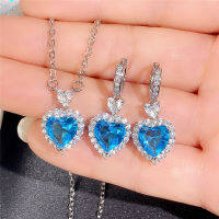 Cao Shi การค้าต่างประเทศสดใหม่ ยอดนิยม Topa Blue Zircon Ocean Heart จี้แหวนต่างหูชุดผู้หญิง ~