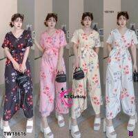 18616 จั๊มสูทแขนสั้น ขายาวกว้าง ลายดอกไม้ + สายผูกเอว Jumpsuit with short sleeves, wide legs, floral print + waist tie