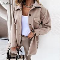 Women Casual Pocket Lace-Up Outwear 2021Autumn Winter Fashion Lapel Single-Breasted Thick Coats Solid Color Woolen Loose Jacket