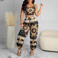 ✻₪◇ Ladies casual printed cropped top and high-waist pants suit