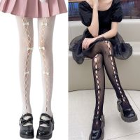 [ใหม่] ญี่ปุ่น Lolita ผู้หญิง Fishnet Tights Hollow Out Hole กำมะหยี่ Bowknot Jacquard ถุงน่อง Kawaii ลูกไม้ตาข่ายคอสเพลย์ Pantyhose