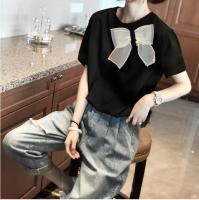 Black Bow Short Sleeve T-Shirt Womens Stitching Careful Machine Design Shirt 2022 Summer New European Station