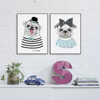 น่ารัก Pug Doggy Hipster Girl Boy Art พิมพ์โปสเตอร์ Hand Drawn Portrait Perfect สำหรับตกแต่งผนัง