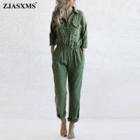 Autumn Single Breasted Button One Piece Jumpsuit Women Turn-down Collar Elastic Waist Romper Spring Solid Pocket Cotton Overalls