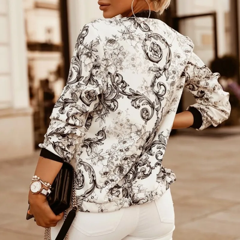 Flower Print Long Sleeve Women's Bomber Jacket Fashion Zipper Up
