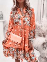 4 Colors Vintage Printed Dress Women Long Sleeve Big Swing Loose Skirt Female Summer Casual Party Sundress