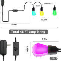 สมาร์ท LED ไฟสตริงกลางแจ้งเปลี่ยนสี48FT 15หลอดไฟ RGB ลานแขวนไฟ APP ควบคุมคาเฟ่สนามหลังบ้านพรรคแสง