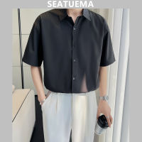 SEATUEMA เสื้อเชิ้ตผู้ชายแขนสั้นบางลำลองธุรกิจหลวมกระชับจับคู่กับเสื้อรัฟเฟียส์และหล่อเย็นและอินเทรนด์