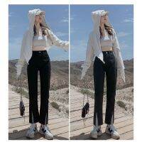 2021 High Waist Loose Design Stitching Black Straight Jeans